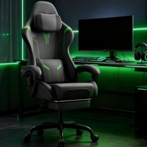 Gaming Chairs – Gaming Chair with Massage Function, Gaming Chair with Footrest, Spring Cushion, Ergonomic Gaming Chair, Faux Leather, Adjustable Backrest, Height Adjustable, Gamer Chair (Grey)