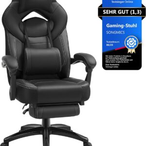 Gaming Chairs – SONGMICS Gaming Chair Office Chair Computer Chair Ergonomic Design with Footrest Adjustable Pillow Lumbar Cushion Load Capacity 150kg Black OBG077B01