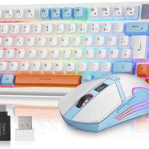 Gaming Tastatur & Maus – 75% Wireless Keyboard and Mouse Set, QWERTZ DE Layout, Compact Gaming Keyboard with Volume Control, Rechargeable RGB Mouse with Battery Indicator, for PC, Mac, Xbox, PS5