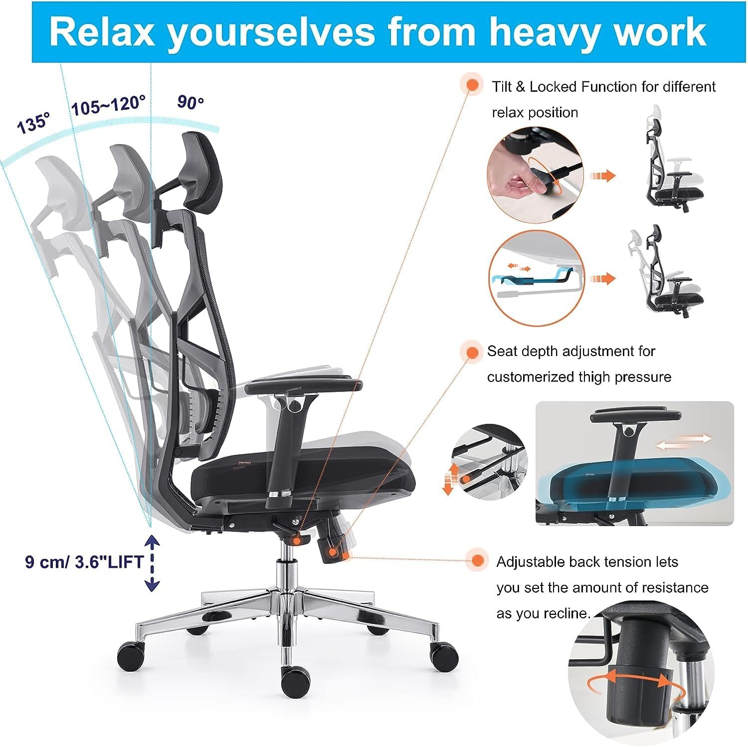 Gaming Chairs - Ergonomic Office Chair with Adaptive Backrest, Desk Chair with 4D Armrests, Adjustable Seat Depth, Lumbar Support and 2D Headrest, Breathable Mesh Executive Chair, Black – Bild 6