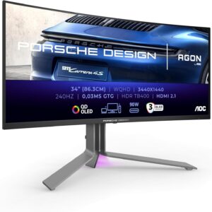 Gaming PC & Gaming Monitors – AOC Agon Pro PD34-34 Inch WQHD OLED Gaming Monitor, 240 Hz, 0.03 ms, FreeSync Premium Pro, G-Sync comp., HDR400 (3440×1440, 2X HDMI 2.1, DisplayPort, USB-C (90W PD), USB Hub) Black