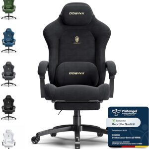 Gaming Chairs – Dowinx Gaming Chair, Height-Adjustable Massage Lumbar Cushion, Ergonomic, Soft Microfibre Velour, Thickened Seat Padding, Headrest and Footrest Included, 155° Tilt, Black