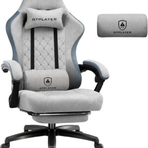 Gaming Chairs – GTPLAYER Gaming Chair Fabric, Gaming Chair with Pocket Spring Cushion, Ergonomic Swivel Chair, Gamer Chair with Footrest, 150 kg Load Capacity, Grey