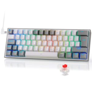 Gaming Tastatur & Maus – Redragon K617 Fizz 60% German QWERTZ Layout Gaming Keyboard, RGB Wired Gaming Keyboard, 62 Keys, Hot Swap Red Switches, Programmable Buttons, Removable USB Type C Cable – Grey & White