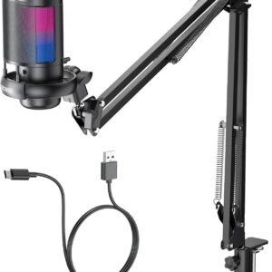 Streaming-Equipment – Gaming Microphone PC RGB with Arm, for Streaming Podcast Studio, USB Microphone for PS4 PS5 Mac, One-Click Mute Switch, with 3.5 mm Headphone Jack, Rotary Control for Adjusting the Volume