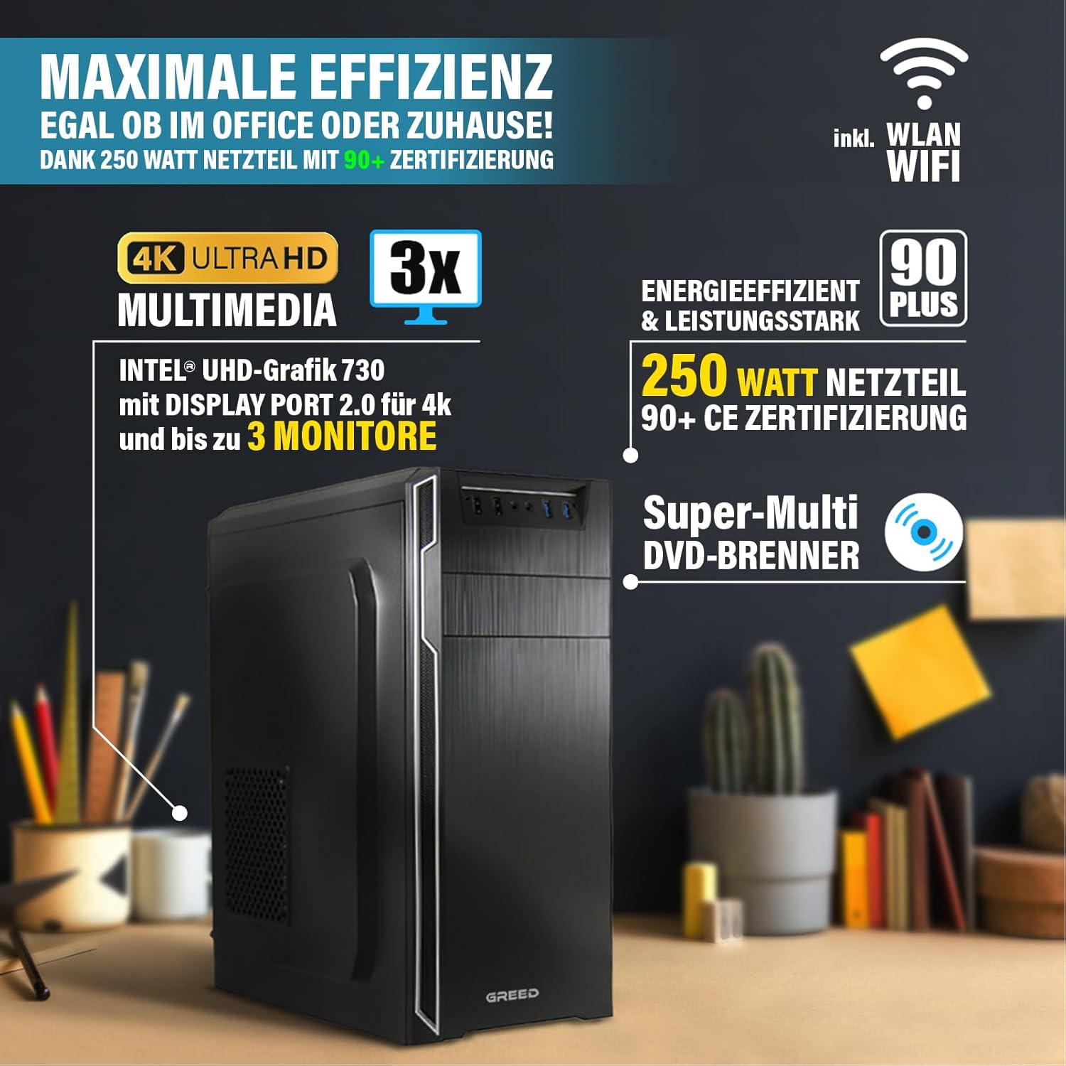 Gaming PC & Laptops - GREED Multimedia PC with Intel Core 12th Gen - Fast Calculator + Computer for Office & Home Office with 4.3 GHZ, 16GB RAM/Memory - 240GB SSD + 1TB HDD - DVD+RW - USB 3.0 - WLAN, Windows 11 Pro – Bild 5