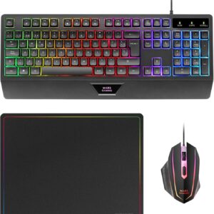 Gaming Tastatur & Maus – MARSGAMING MCP124, 3-in-1 Gaming Combo, Ergonomic H-Mech LED RGB Keyboard, RGB Mouse 3200DPI HUANO Switches, Nanotextile Mouse Pad 360 x 260 mm, Multiplatform Compatibility, Spanish Layout, Black