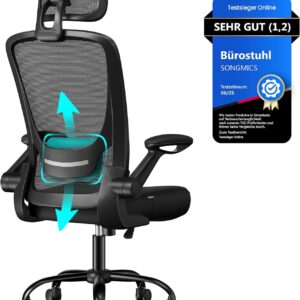Gaming Chairs – SONGMICS OBN047B01 Office Chair, Ergonomic Desk Chair, Swivel Chair with Mesh, Padded Lumbar Support, Rocker Function, 53 cm Seat, Folding Armrests, Headrest, Ink Black
