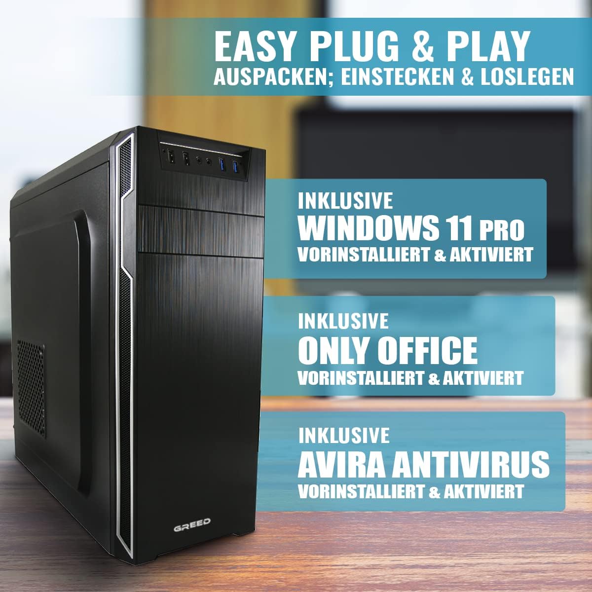 Gaming PC & Laptops - GREED Multimedia PC with Intel Core 12th Gen - Fast Calculator + Computer for Office & Home Office with 4.3 GHZ, 16GB RAM/Memory - 240GB SSD + 1TB HDD - DVD+RW - USB 3.0 - WLAN, Windows 11 Pro – Bild 6