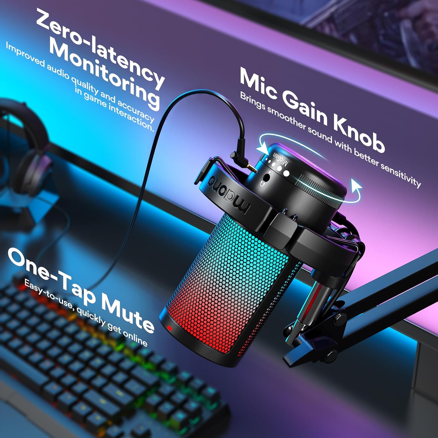 Streaming-Equipment - MAONO Gaming USB Microphone, Noise Cancellation Condenser Mic with Mute, Gain, Monitoring, Boom Arm, Pop Filter for Streaming, Podcast, Twitch, YouTube, Discord, PC, Computer, PS5, Mac, DGM20S – Bild 4