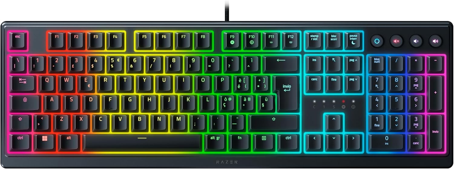 Gaming Tastatur & Maus - Razer Ornata V3 Flat Mecha Membrane Keyboard with Chroma RGB (Flat Keys, Mecha Membrane Switches, Magnetic Soft Touch Wrist Rest) IT Layout | Black