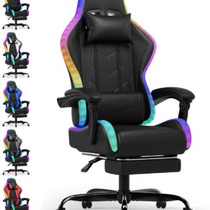 Gaming Chairs – Devoko LED Gaming Chair – Ergonomic Office Chair with Massage Function and Telescopic Footrest, Adjustable Backrest (90-135°), for Gamers up to 150 kg, Eye-Friendly Design, Black