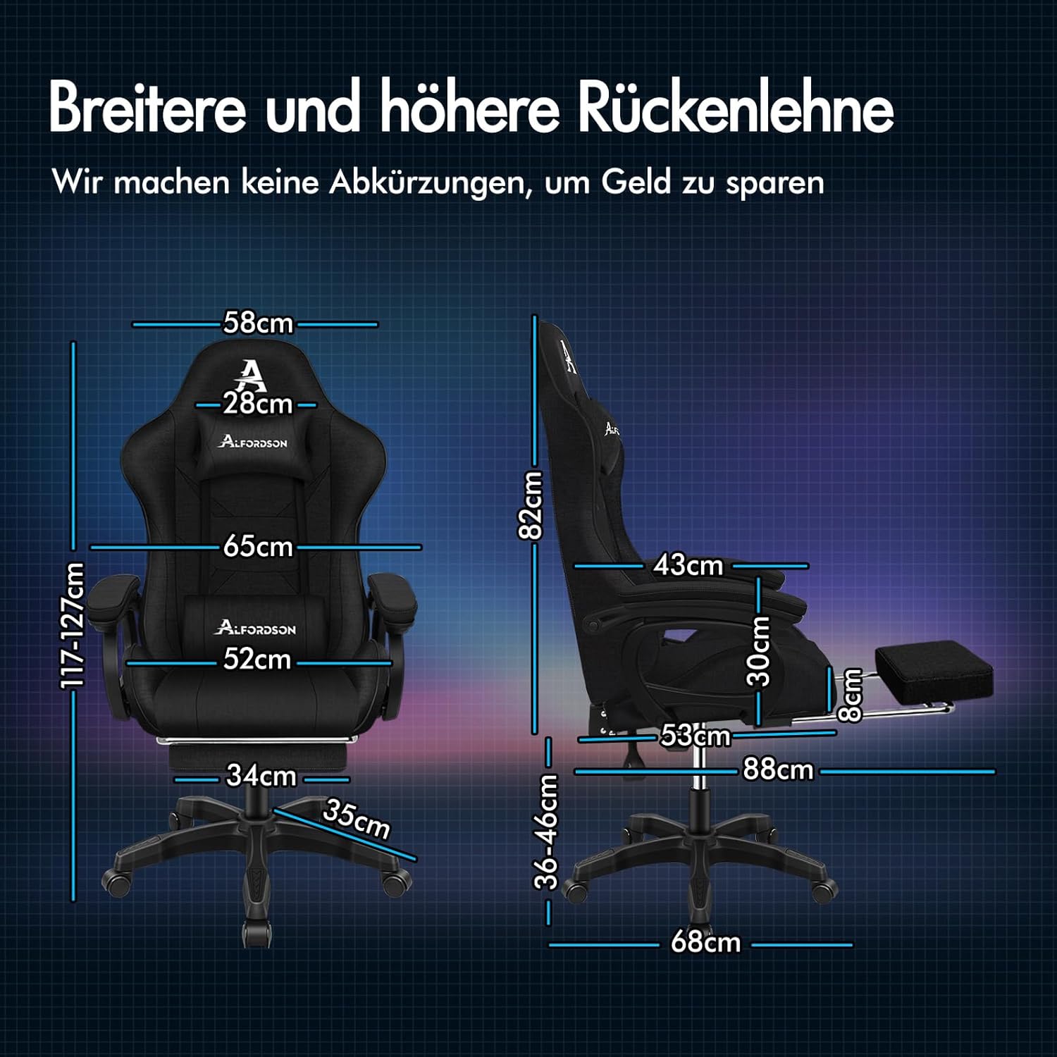 Gaming Chairs - ALFORDSON Massage Gamer Chair, Computer Office Chair with Footrest, 2-Point Massage Chair, 180 kg Load Capacity, 90-150° Backrest Adjustable, Ergonomic PC Chair, 360° Rotatable, Linen Fabric, Black – Bild 2