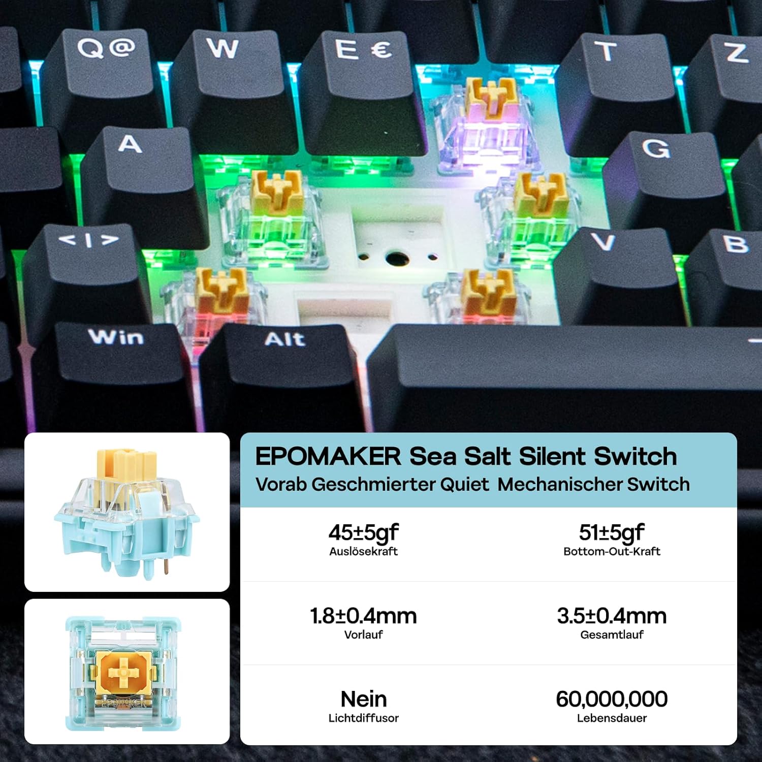 Gaming Tastatur & Maus - EPOMAKER TH99-ISO-DE QWERTZ Mechanical Keyboard Wireless, 96% Percent Gaming Keyboard with Numpad, Hot-Swap, RGB, Gasket, BT/2.4G/USB-C, Programming Software (Black, Sea Salt Silent V2) – Bild 5