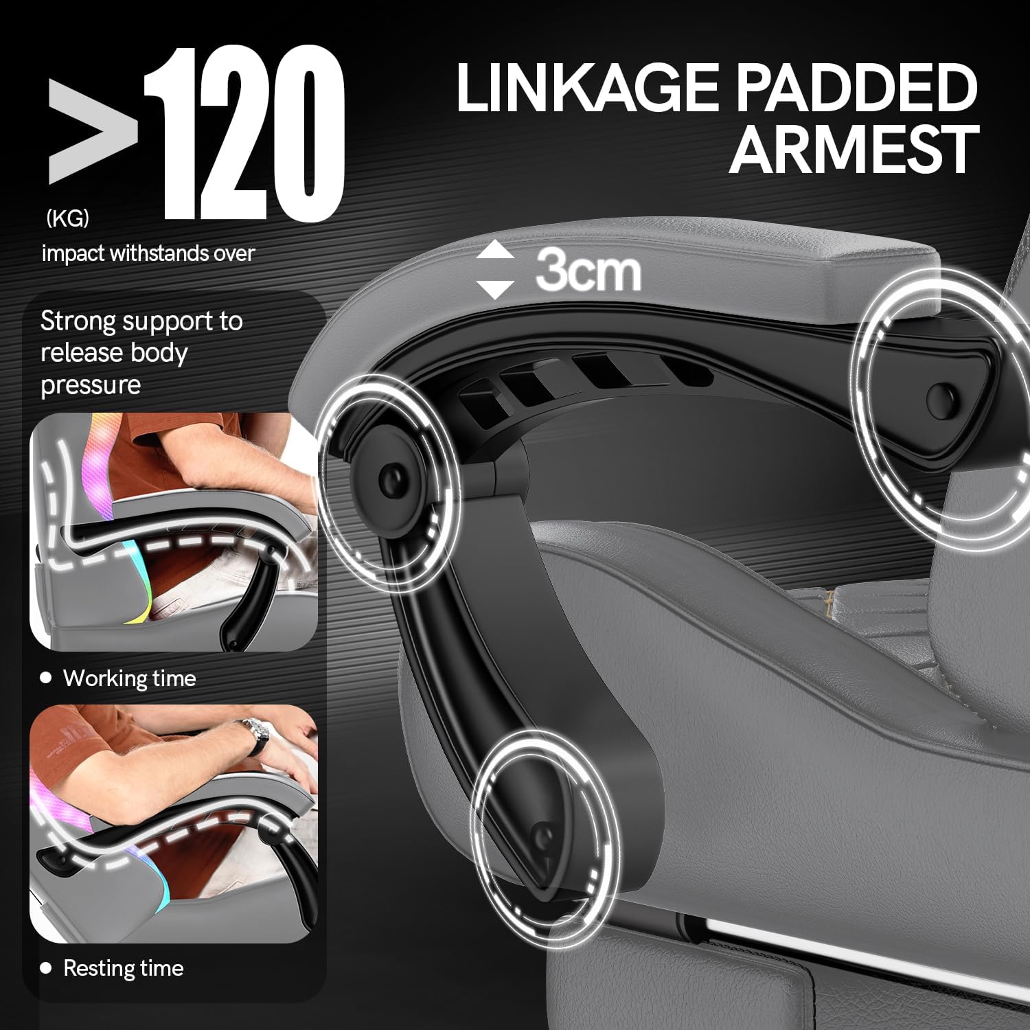 Gaming Chairs - bigzzia Gaming Chair with RGB LED, Ergonomic Gaming Chair with Lumbar Support and Footrest, Adjustable and Rotating Gamer Chair Made of PU Leather, 150 kg, Grey – Bild 9