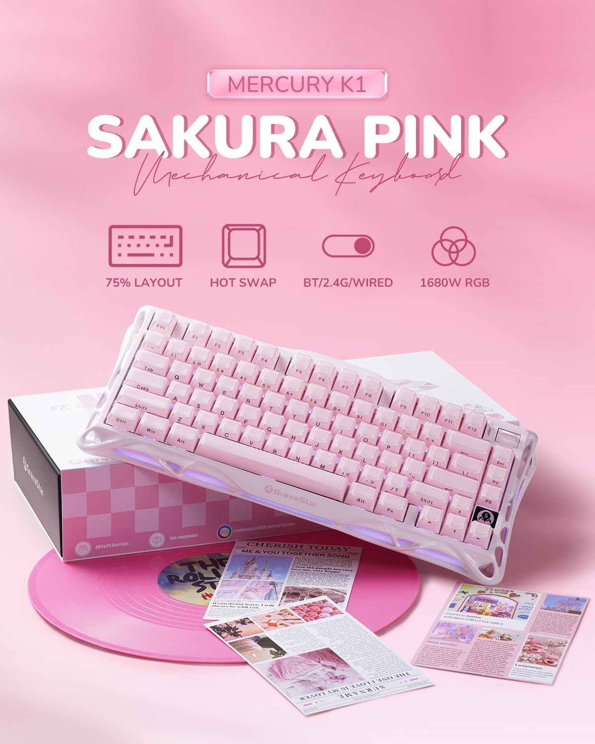 Gaming Tastatur & Maus - GravaStar Mercury K1 Mechanical Keyboard with Aluminium Frame, 75% Wireless Gaming Keyboard, Hot Swap Custom Keyboard with Button, Gasket, RGB Tri-Mode Keyboard, PBT Keycaps, 8000 mAh Pink – Bild 2
