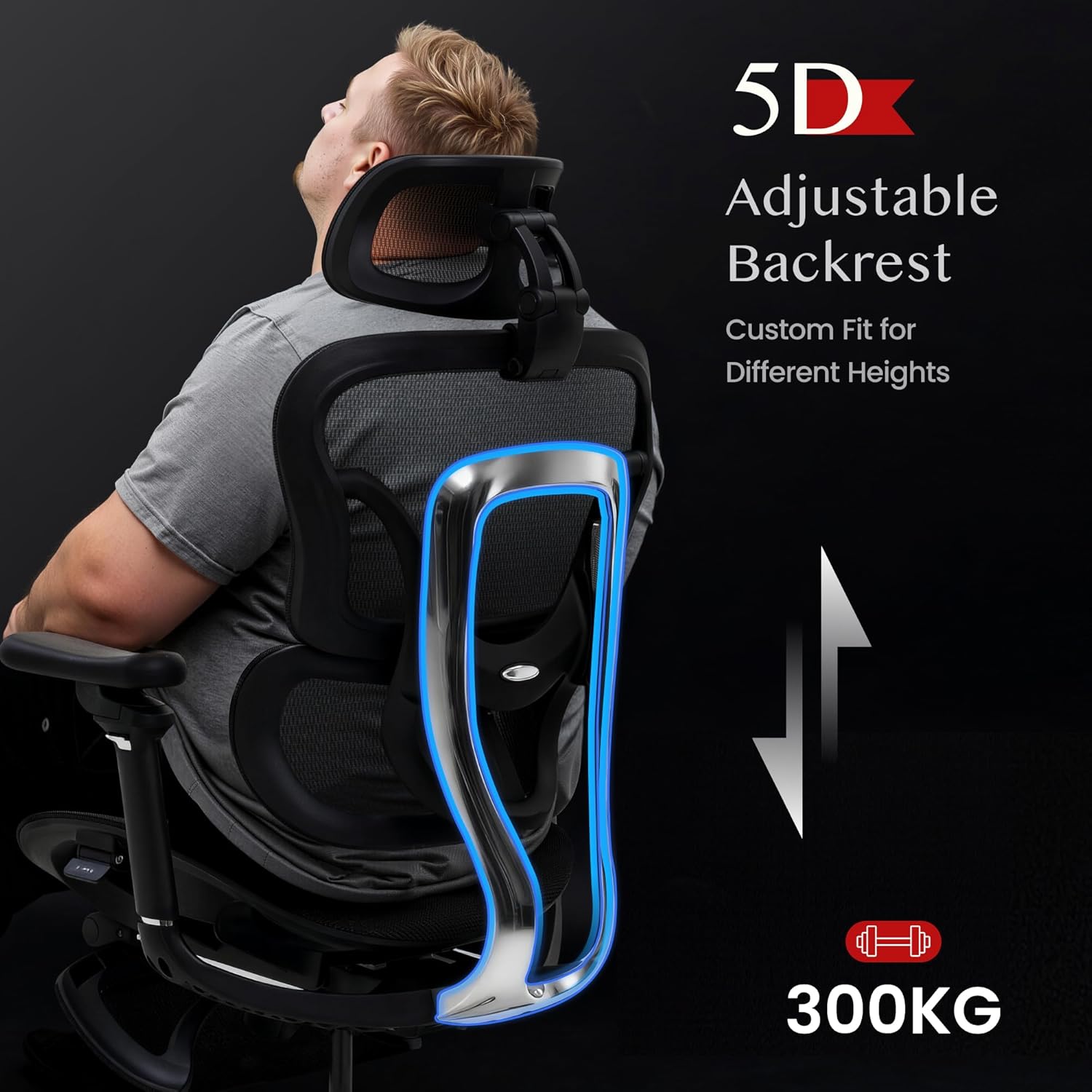 Gaming Chairs - FLEXISPOT ErgoX Max Ergonomic Chair, Up to 300 kg Load Capacity, with 4D Headrest and 5D Armrests, One-Piece Back and Lumbar Support, Office Chair for Work and Gaming, Black – Bild 4