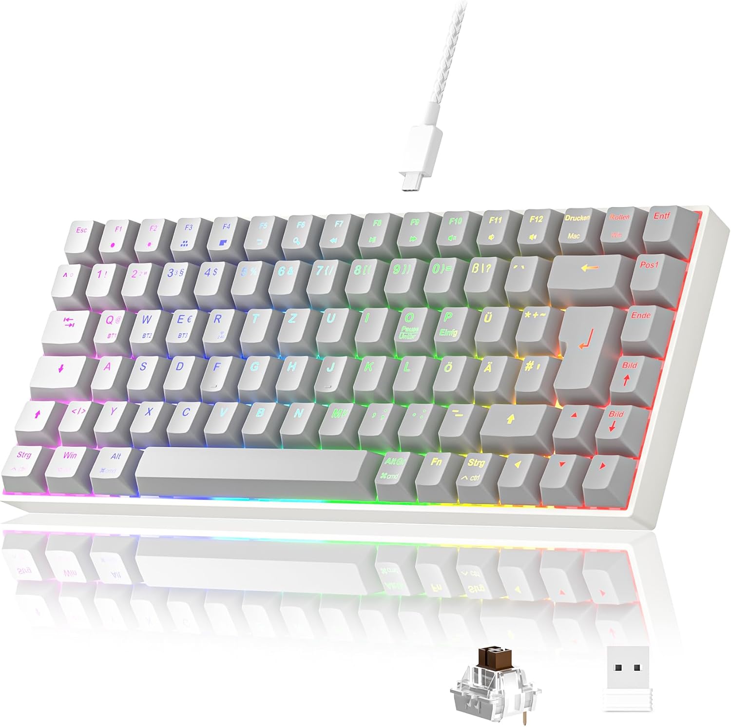 Gaming Tastatur & Maus - Newmen GM840 Mechanical Gaming Keyboard, 2.4G Wireless/Bluetooth/USB C with Cable, 75% TKL Keyboard, 84 Keys RGB Lighting, Hot Swap Mini Keyboards for PC/Win/Mac, QWERTZ Layout, Brown Switch