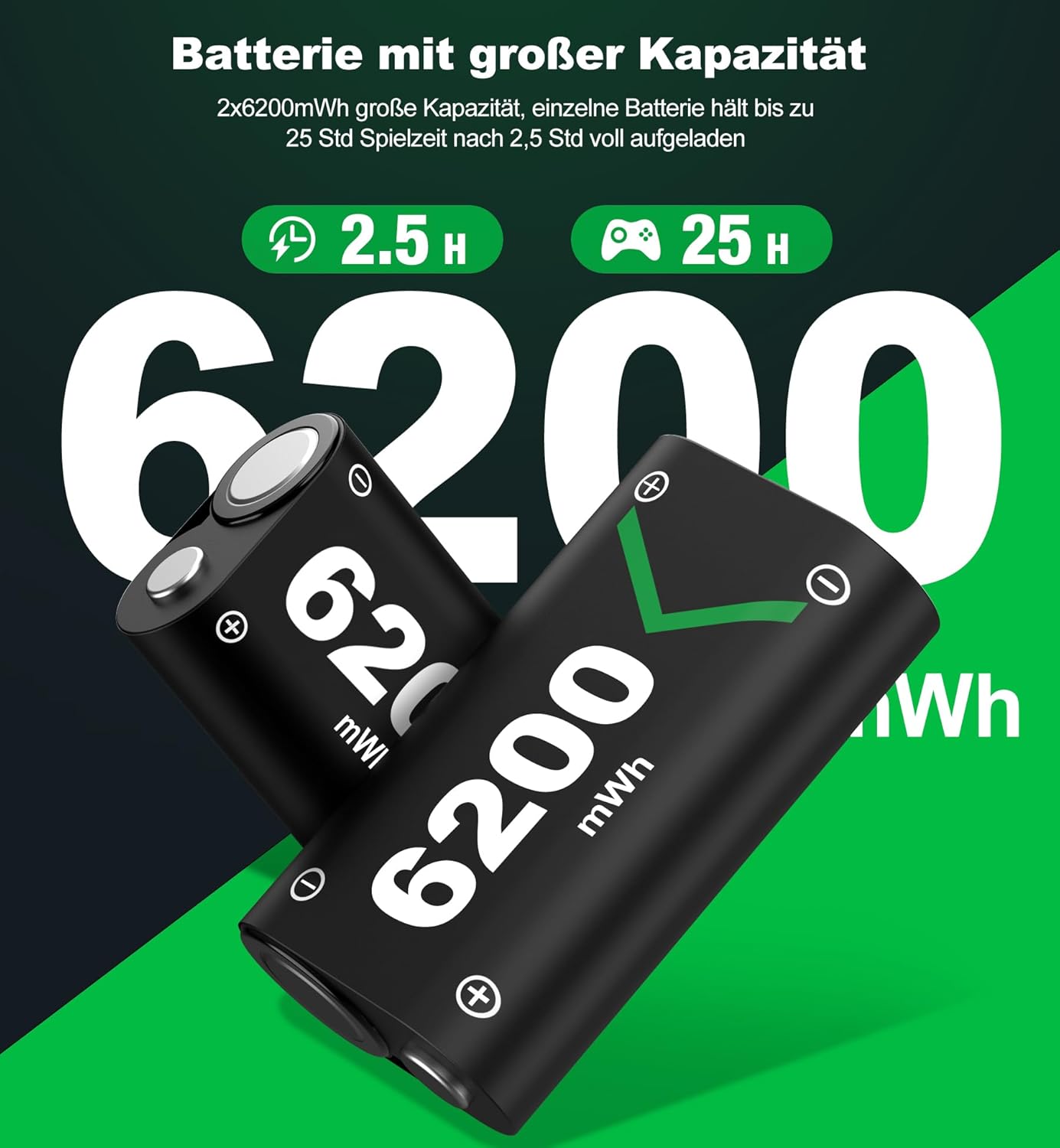 Gaming Consoles & Controllers - Battery for Xbox One/Series X&S Controller, Pack of 2, High Capacity 6200mWh NI-MH Batteries, Compatible with Xbox Series X&S/Xbox One S/X/Elite Controller – Bild 2