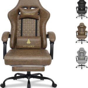 Gaming Chairs – Vittanly Gaming Chair with Spring Cushion, Ergonomic Gaming Chair, Gamer Chair with Headrest, Lumbar Cushion and Footrest, Height-Adjustable Rotating Gaming Chair, Office Chair, 150 kg, Brown