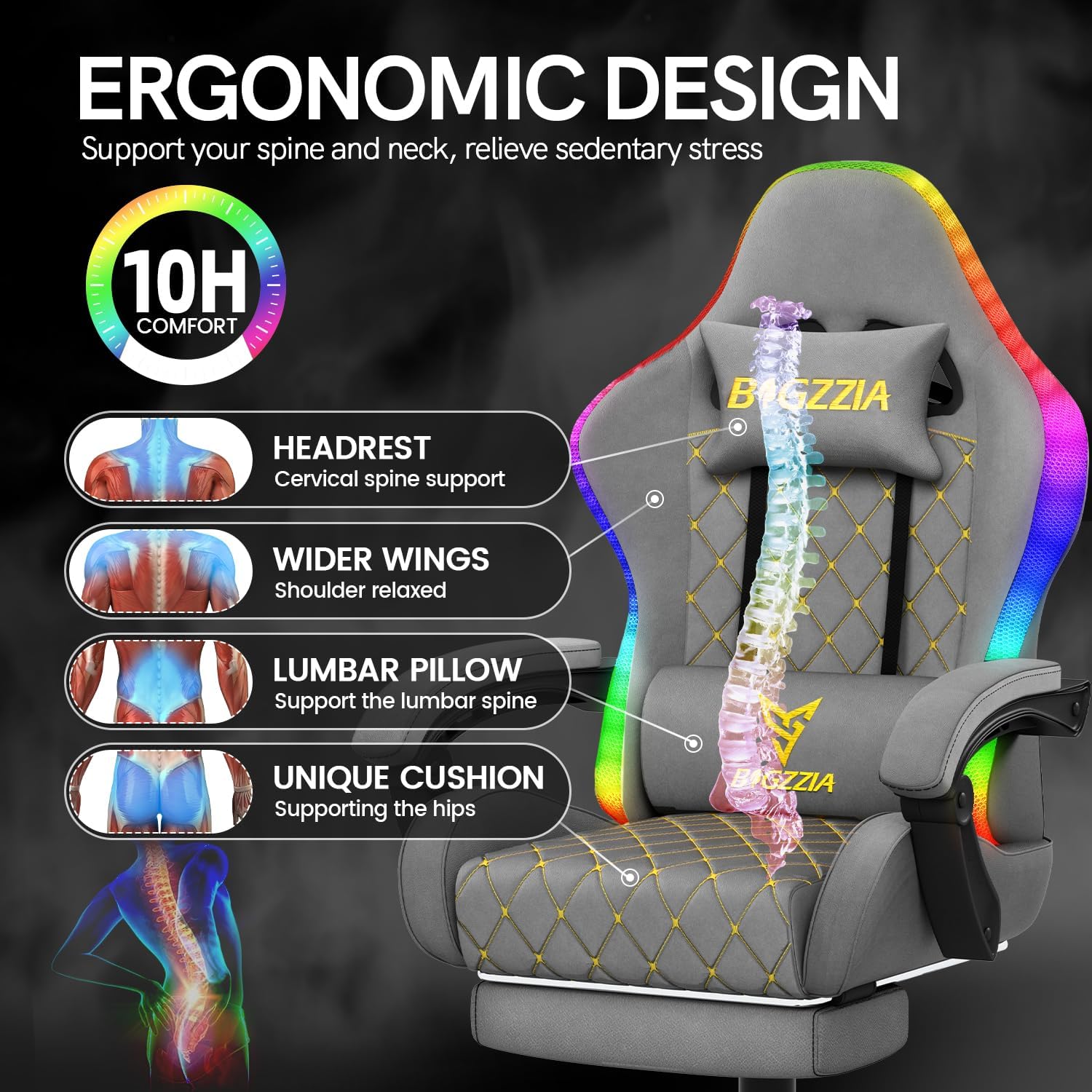 Gaming Chairs - bigzzia Gaming Chair with RGB LED, Ergonomic Gaming Chair with Lumbar Support and Footrest, Adjustable and Rotating Gamer Chair Made of PU Leather, 150 kg, Grey – Bild 7