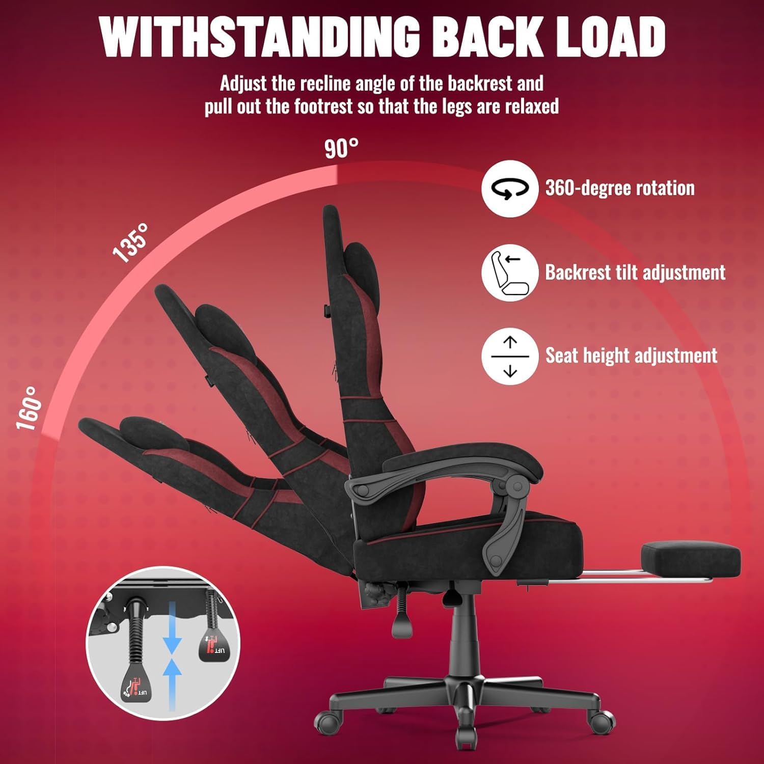 Gaming Chairs - Soontrans Gaming Chair with Massage Lumbar Support, Padded Gaming Chair, Ergonomic Gaming Chair with Footrest, Velvet, 90-160° Backrest Adjustable Gaming Chair (Black and Red) – Bild 6