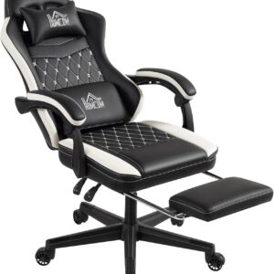 Gaming Chairs – HOMCOM Gaming Chair, Ergonomic Gamer Chair with Lumbar Support, Footrest, Height-Adjustable Gaming Chair with Pillow, Reclining Function, Office Chair with Diamond-Stitched Pattern, Faux Leather