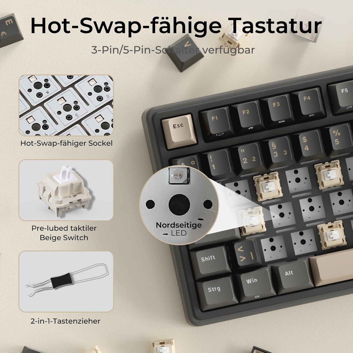 Gaming Tastatur & Maus - RK ROYAL KLUDGE R98 Pro Mechanical Keyboard Cable, 96% Gasket Gaming Keyboard QWERTZ RGB with Numeric Pad and Button, PBT Keycaps, Hot Swap Linear Creamy Switches – Bild 4