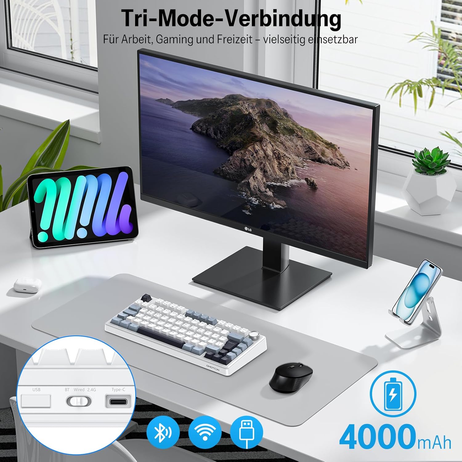 Gaming Tastatur & Maus - OMOTON Mechanical Keyboard Gaming Gasket QWERTZ ISO-DE Layout, Hot-Swap Wireless Gamer Keyboard 75% RGB with Five Layer Attenuation & Button, Bluetooth/2.4G/USB-C, Creamy Linear Switch, MK211 – Bild 4