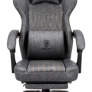 Gaming Chairs – Dowinx Gaming Chair with Spring Cushion and Massage Function, High Racing Office Chair with Adjustable Lumbar Support, Ergonomic PC Chair with Footrest in PU Leather (Grey)