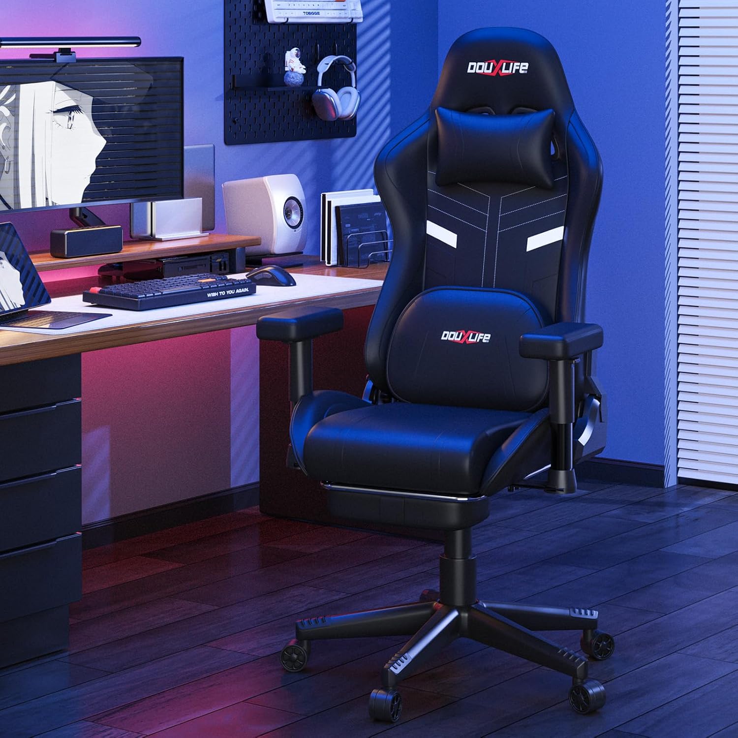 Gaming Chairs - Douxlife Gaming Chair with Kneading Massage and Heating Function, Ergonomic Office Chair with Footrest, 90°-175° Adjustable, Padded 2D Armrests, Gamer Chair PC Chair, 181 kg, Black – Bild 2