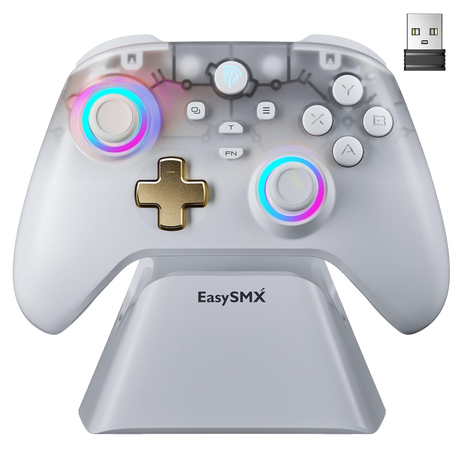 Gaming Consoles & Controllers - AKNES EasySMX D05 Wireless Gaming Controller mit Ladestation für PC/Switch/iOS/Android, Hall Effekt Joystick & Trigger, 2 Programmierbare Rücktasten, 1000Hz Polling Rate, RGB-Beleuchtung (Weiß)