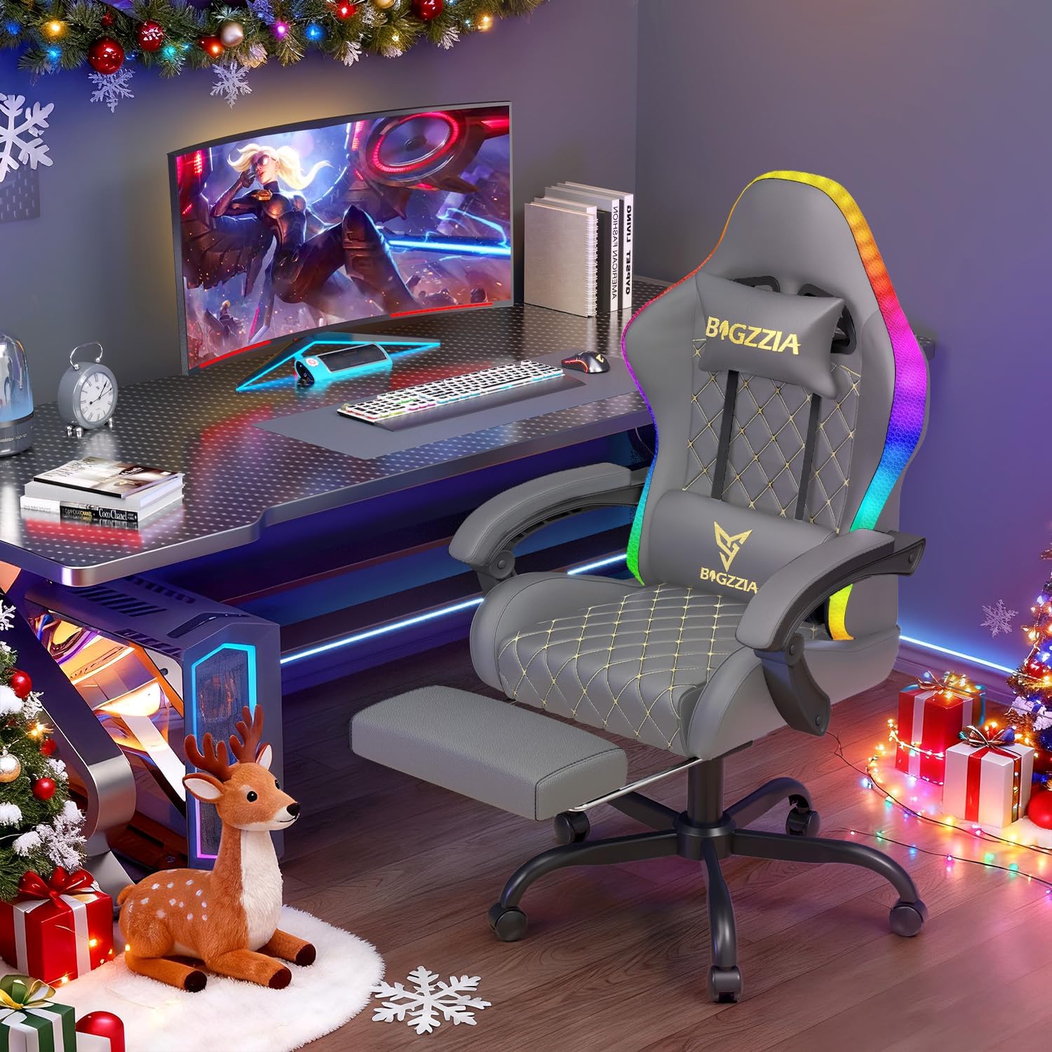 Gaming Chairs - bigzzia Gaming Chair with RGB LED, Ergonomic Gaming Chair with Lumbar Support and Footrest, Adjustable and Rotating Gamer Chair Made of PU Leather, 150 kg, Grey – Bild 2