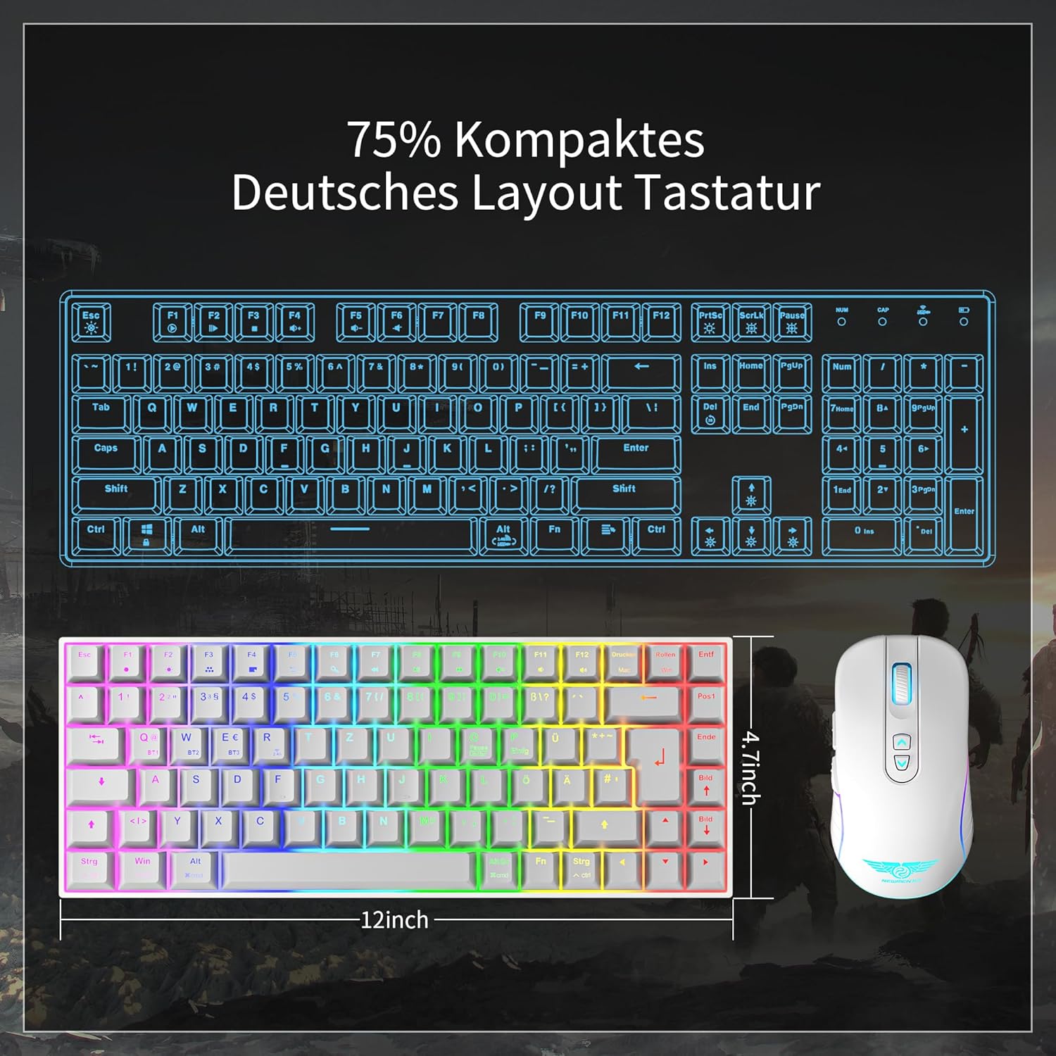 Gaming Tastatur & Maus - Newmen GM840 Mechanical Gaming Keyboard, 2.4G Wireless/Bluetooth/USB C with Cable, 75% TKL Keyboard, 84 Keys RGB Lighting, Hot Swap Mini Keyboards for PC/Win/Mac, QWERTZ Layout, Brown Switch – Bild 5