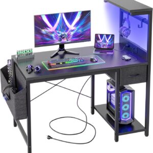 Gaming Consoles & Controllers – BEXEVUE LED Desk 100 x 50 cm with Carbon Fibre Board, Gaming Table with Drawer, Bag and 2 Headphone Hooks, Computer Desk with Sockets, Black