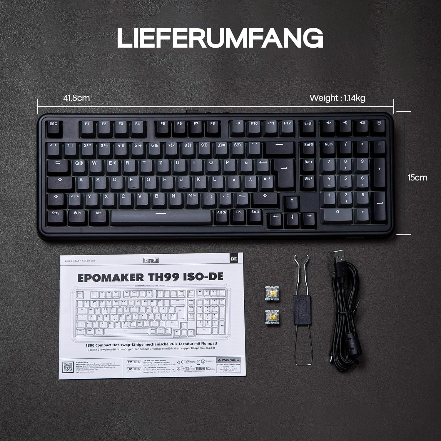 Gaming Tastatur & Maus - EPOMAKER TH99-ISO-DE QWERTZ Mechanical Keyboard Wireless, 96% Percent Gaming Keyboard with Numpad, Hot-Swap, RGB, Gasket, BT/2.4G/USB-C, Programming Software (Black, Sea Salt Silent V2) – Bild 9