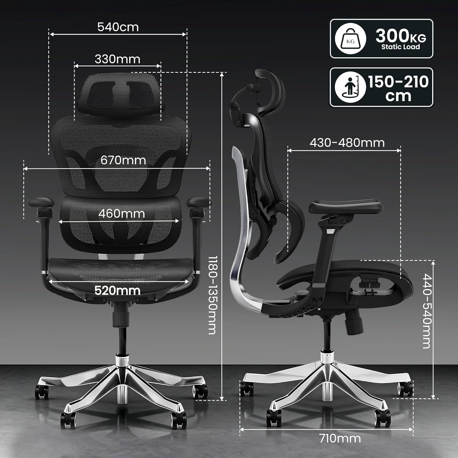 Gaming Chairs - FLEXISPOT ErgoX Max Ergonomic Chair, Up to 300 kg Load Capacity, with 4D Headrest and 5D Armrests, One-Piece Back and Lumbar Support, Office Chair for Work and Gaming, Black – Bild 3