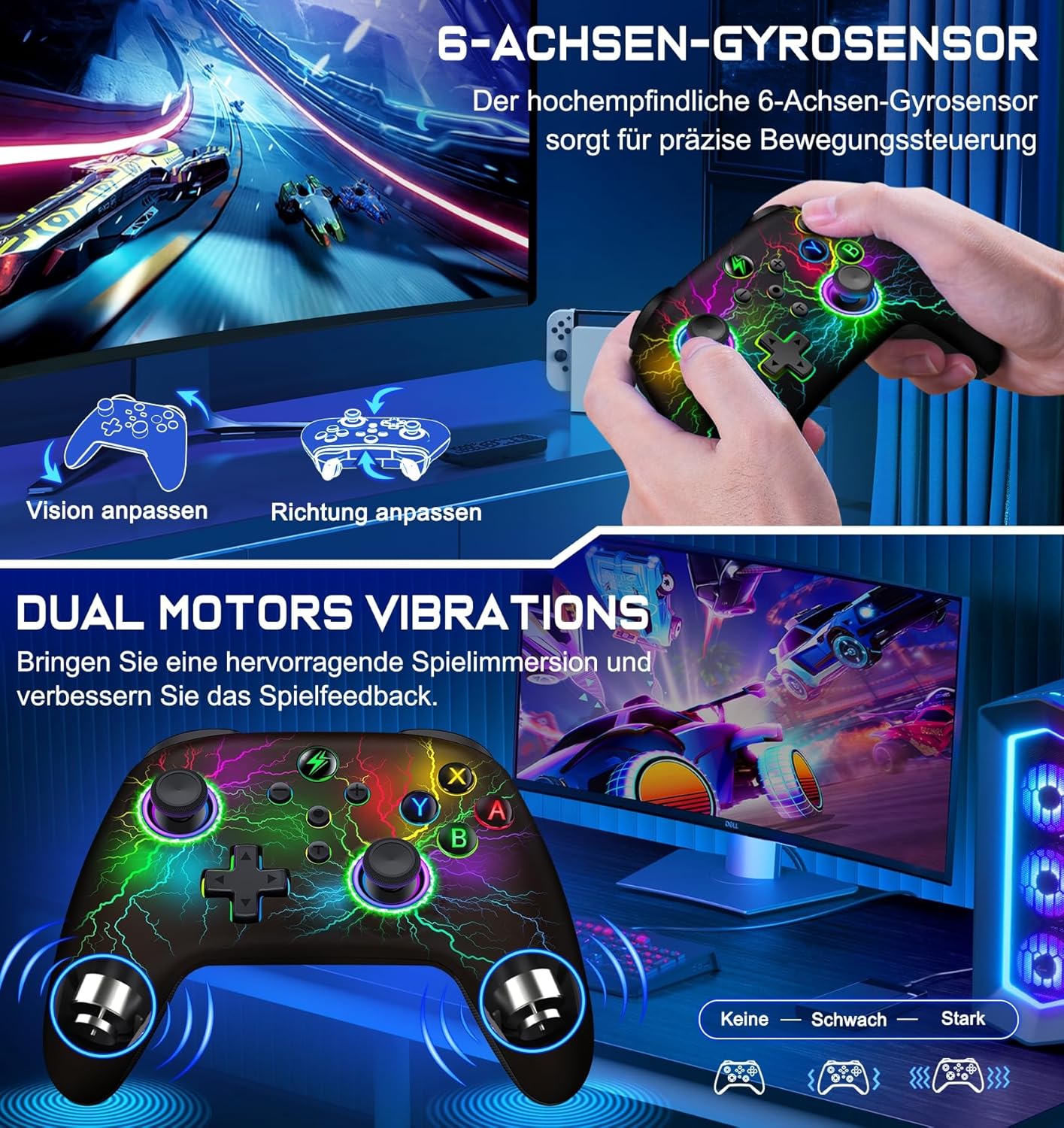 Gaming Consoles & Controllers - Wireless Controller for Switch/Lite/OLED Console - Switch Controller with Cool RGB Look, Programmable/Turbo/Wake Function, Precise Joysticks, Dual Motors Vibration – Bild 5
