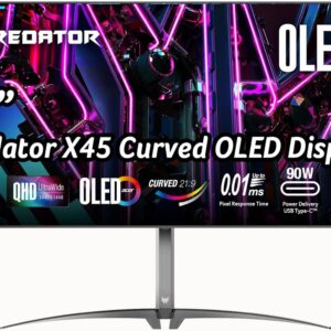 Gaming PC & Gaming Monitors – acer Predator X45 Gaming Monitor 44.5 Inch (113 cm Screen) QHD, 240Hz DP/Type-C, 100Hz HDMI, 0.03ms (GTG), 2xHDMI 2.0, DP 1.4, Curved, Height-Adjustable, FreeSync Premium