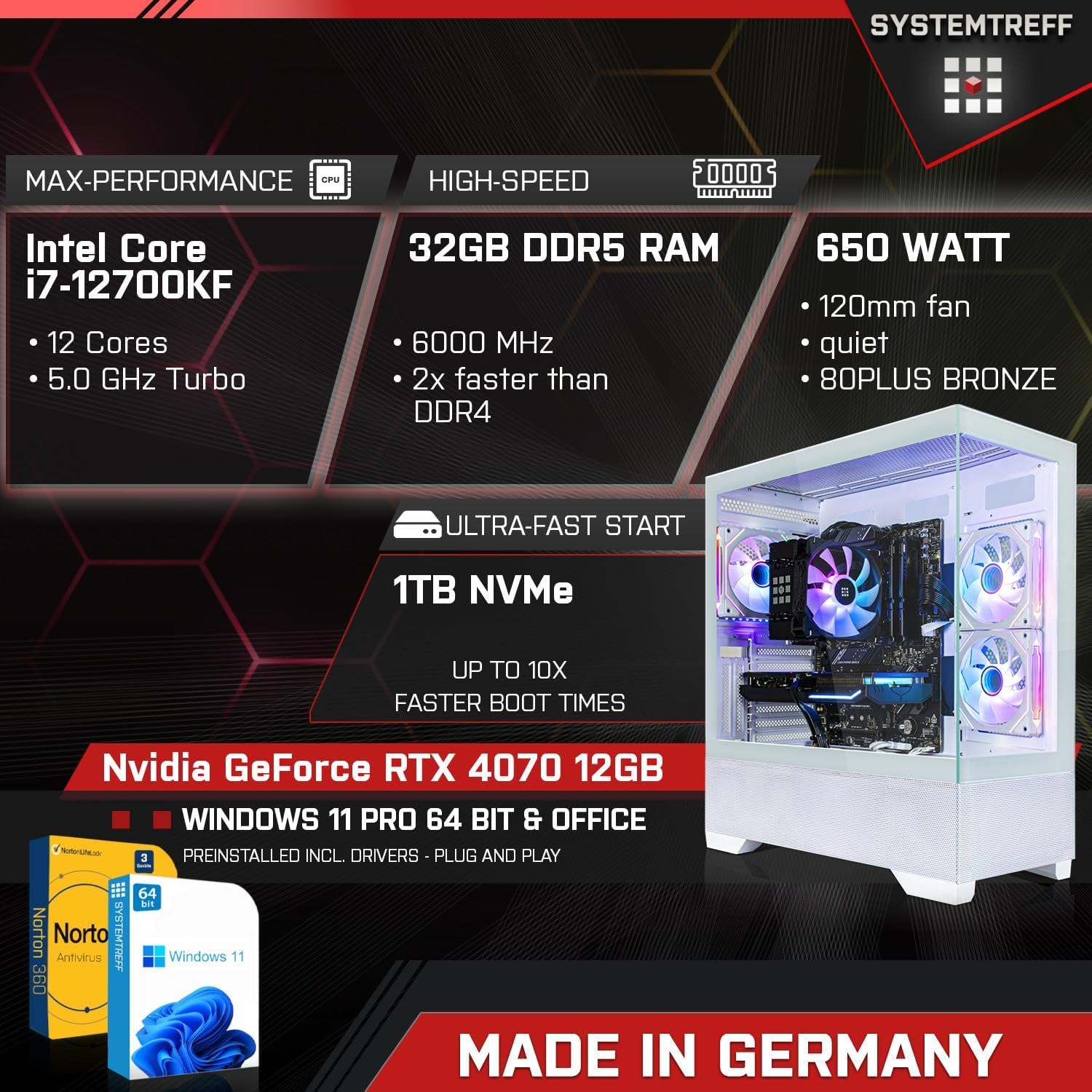 Gaming PC & Laptops - SYSTEMTREFF High-End Gaming PC White Intel Core i7-12700KF 12x5GHz | Nvidia RTX 4070 12GB DX12 | 1TB M.2 NVMe | 32GB DDR5 RAM | WLAN Desktop Computer Calculator for Gamers, Gamers & Streamers – Bild 2
