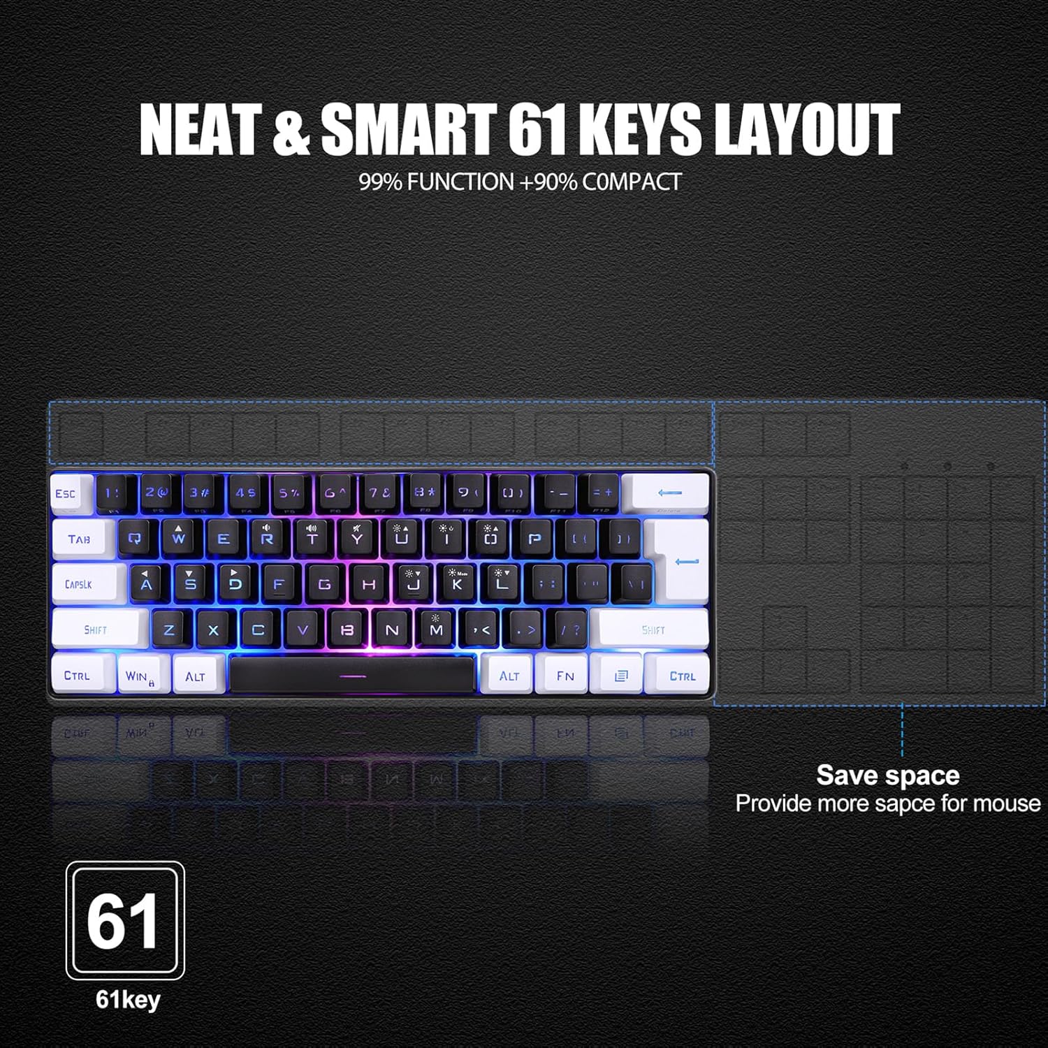 Gaming Tastatur & Maus - 60% Wired Gaming Keyboard, Mi NI Gaming Keyboard with Mechanical Feel, Ultra Compact Keyboard with RGB Backlight and 61 Keys, Ergonomic Keyboard for – Bild 6