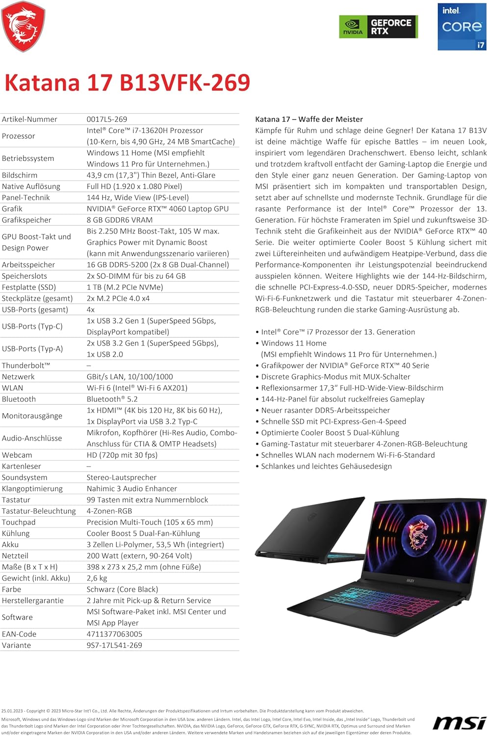 Gaming PC & Laptops - MSI Katana 17 Gaming Notebook, 17.3 Inches, FHD, Intel Core i7-13620H, 2 x 8GB RAM, 1 TB SSD, RTX 4060 8 GB, Windows 11 Home, Gaming Keyboard, Black, B13VFK-269 – Bild 5