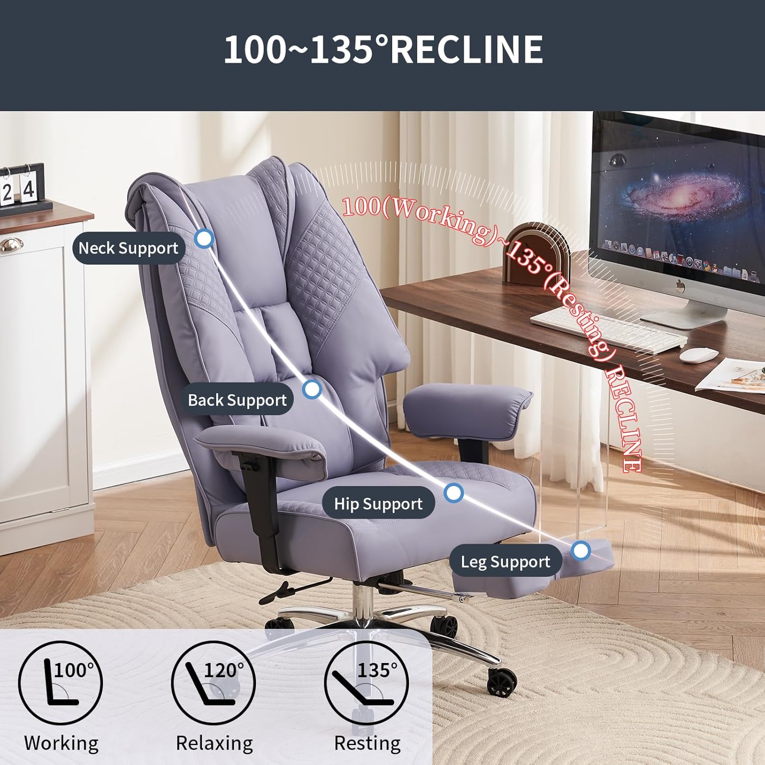 Gaming Chairs - XXL Ergonomic Office Chair, Executive Chair with High Backrest, Adjustable Armrests and Wide Seat, PU Leather Swivel Chair, Height-Adjustable Desk Chair, Maximum Load 200 kg (Light Purple) – Bild 4