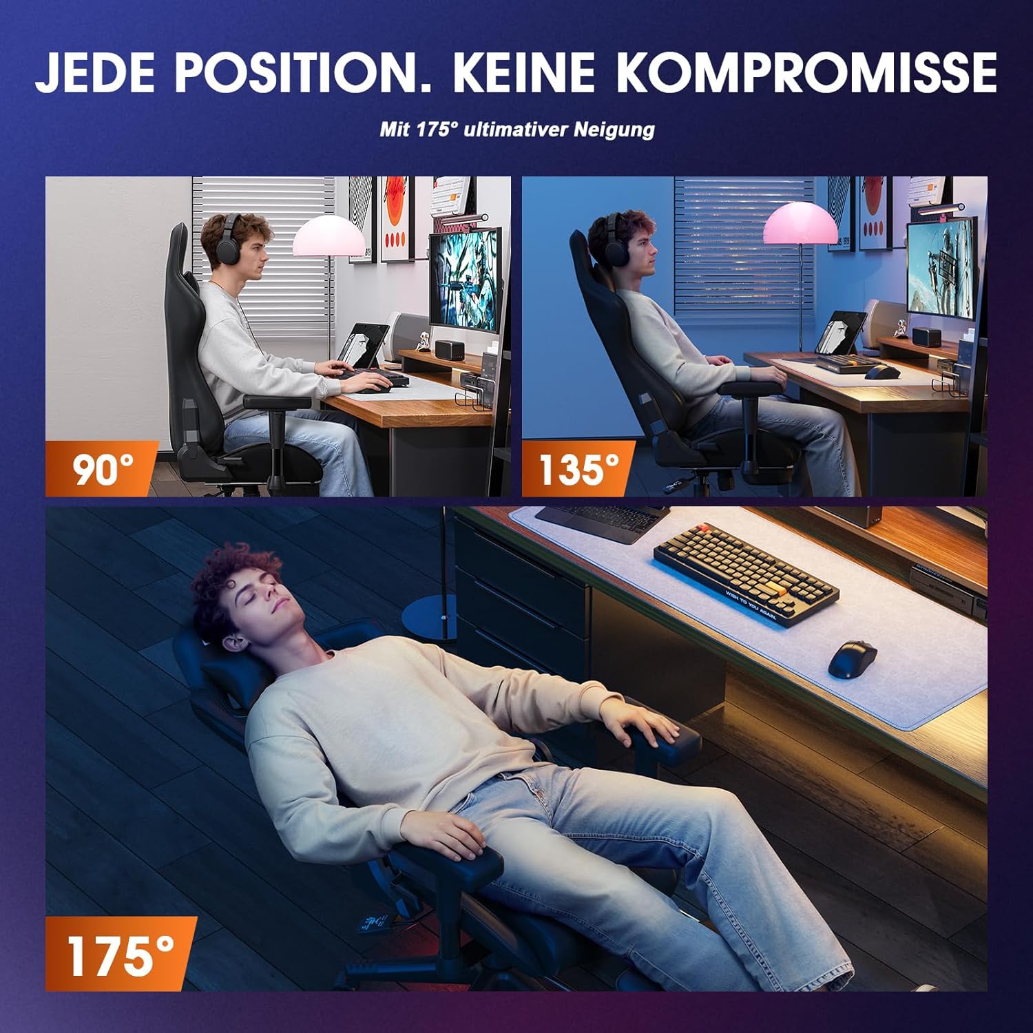 Gaming Chairs - Douxlife Gaming Chair with Kneading Massage and Heating Function, Ergonomic Office Chair with Footrest, 90°-175° Adjustable, Padded 2D Armrests, Gamer Chair PC Chair, 181 kg, Black – Bild 7