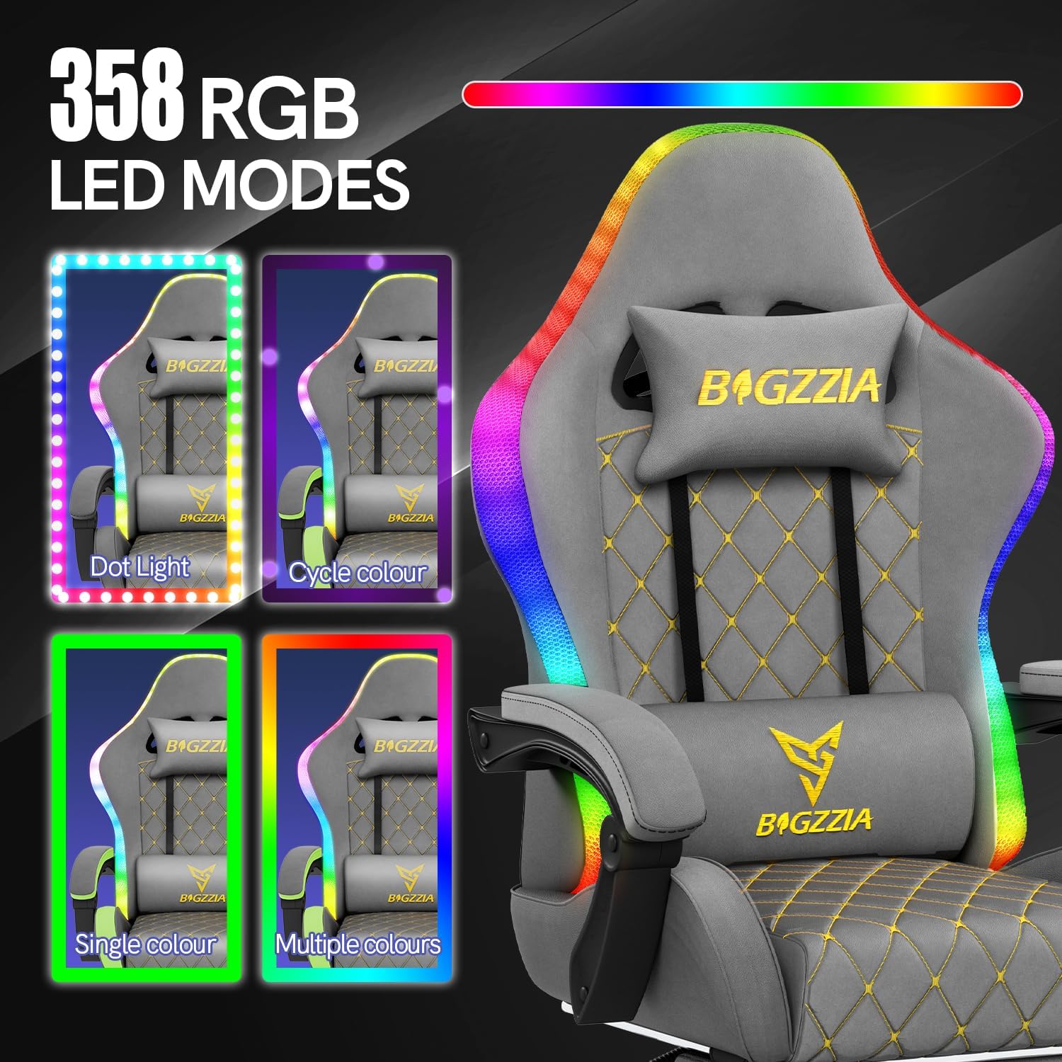 Gaming Chairs - bigzzia Gaming Chair with RGB LED, Ergonomic Gaming Chair with Lumbar Support and Footrest, Adjustable and Rotating Gamer Chair Made of PU Leather, 150 kg, Grey – Bild 6