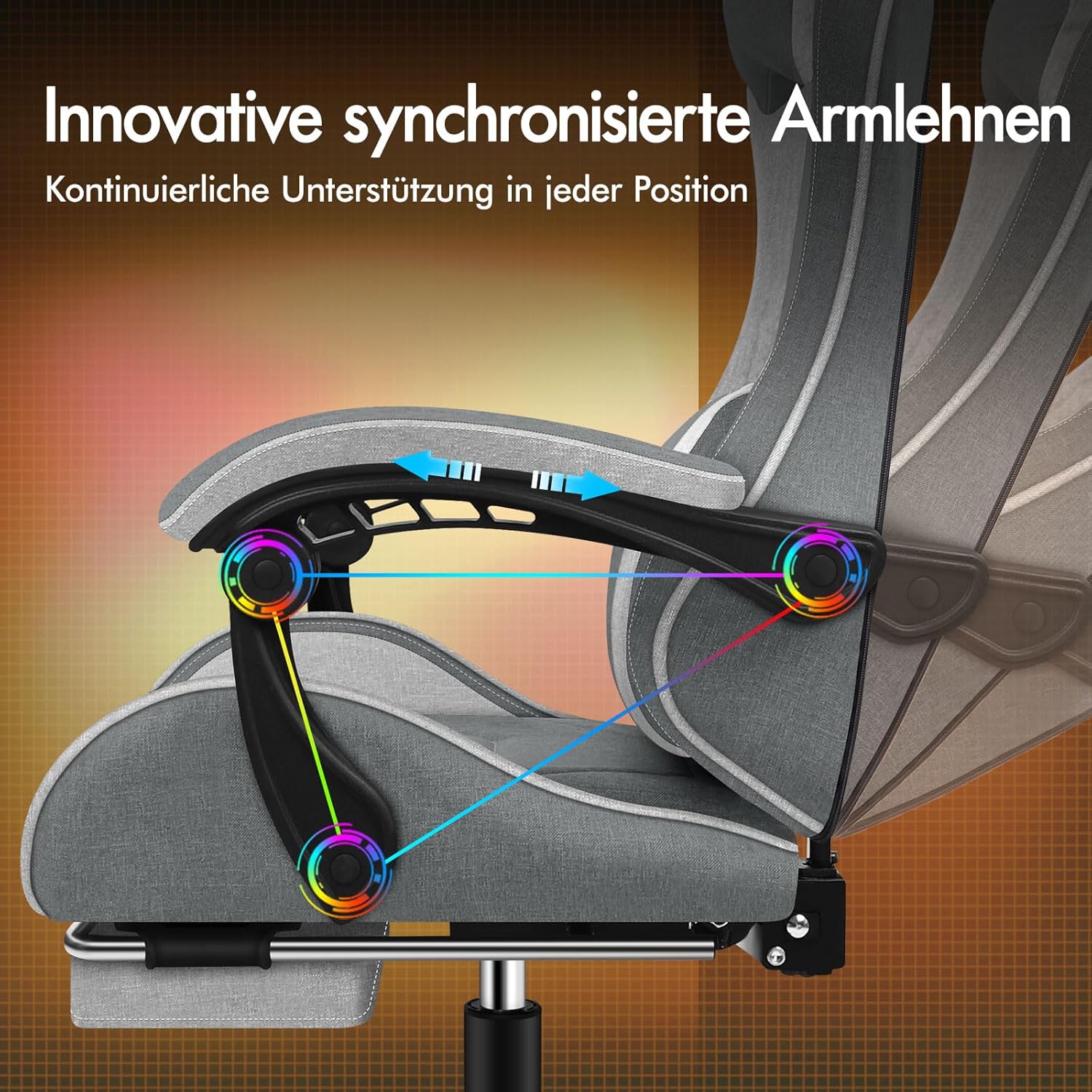 Gaming Chairs - ALFORDSON Office Chair, Gaming Chair, Massage Gaming Chair, Ergonomic Gamer Chair with Footrest, Headrest, Massage Lumbar Cushion, Padded, Swivel Chair Made of Linen Fabric, Grey – Bild 6