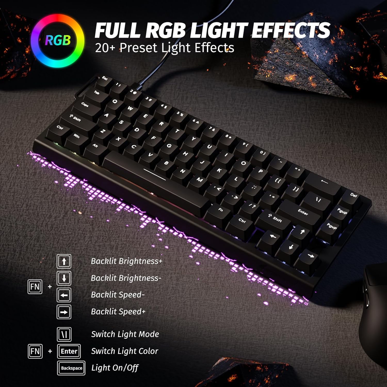 Gaming Tastatur & Maus - ATTACK SHARK X68 HE 8000Hz Rapid Trigger Keyboard, 0.01 mm RT Accuracy, Wired RGB 60% Gaming Keyboard with Magnetic Switches, Adjustable Actuation, Snap Tap, for PC/Mac, Black – Bild 7
