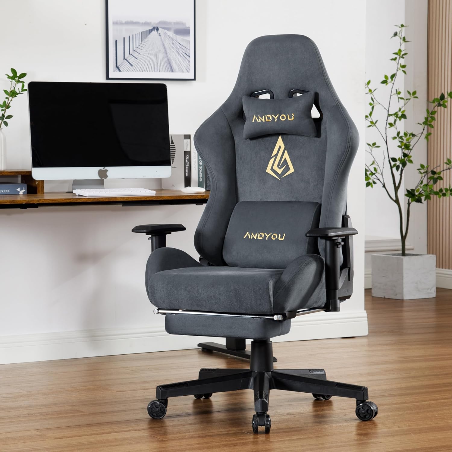 Gaming Chairs - Andyou Gaming Chair, Luxury Faux Suede Gaming Chair, Ergonomic Office Chair, Breathable Desk Chair, PC Chair with Footrest, Pillow and Armrests, 200 kg, Grey – Bild 2