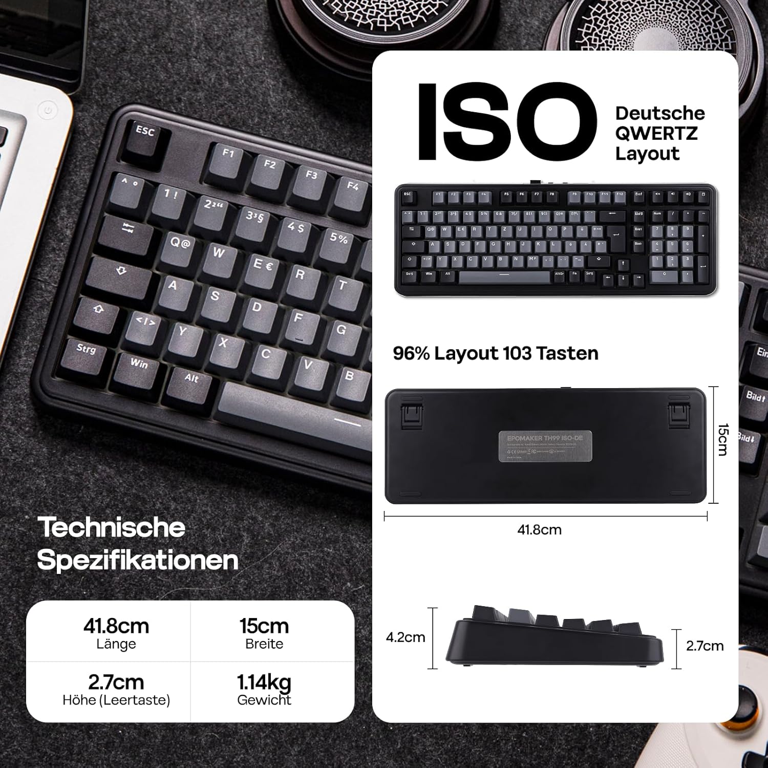 Gaming Tastatur & Maus - EPOMAKER TH99-ISO-DE QWERTZ Mechanical Keyboard Wireless, 96% Percent Gaming Keyboard with Numpad, Hot-Swap, RGB, Gasket, BT/2.4G/USB-C, Programming Software (Black, Sea Salt Silent V2) – Bild 3