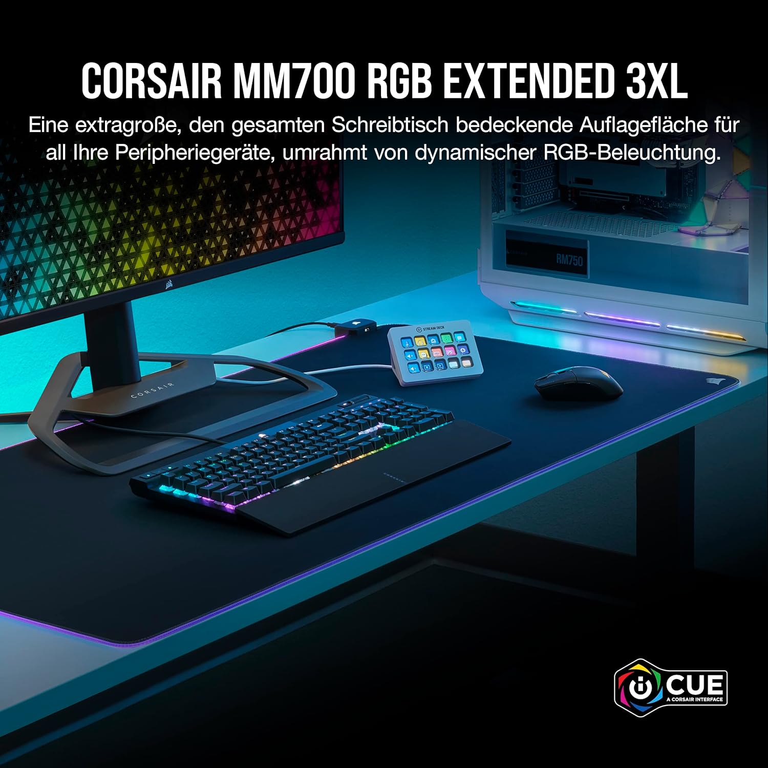 Gaming Tastatur & Maus - Corsair MM700 RGB Extended 3XL Gaming Mouse Pad with Fabric Surface - Surface of 1220 × 610 mm - 360° Three Zone RGB Lighting - USB Hub with Two Ports - Non-Slip Rubber Base - Black – Bild 2